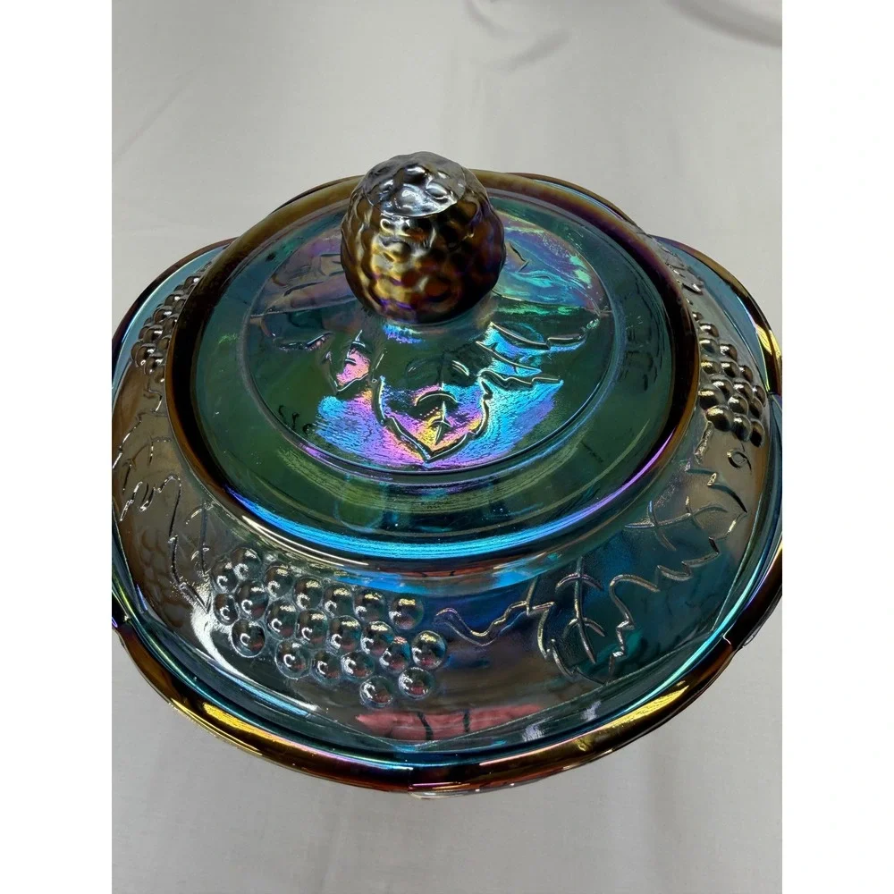 Vtg Carnival Glass HarvestGrape Compote Iridescent TealBlue Candy Dish Lid 9.75